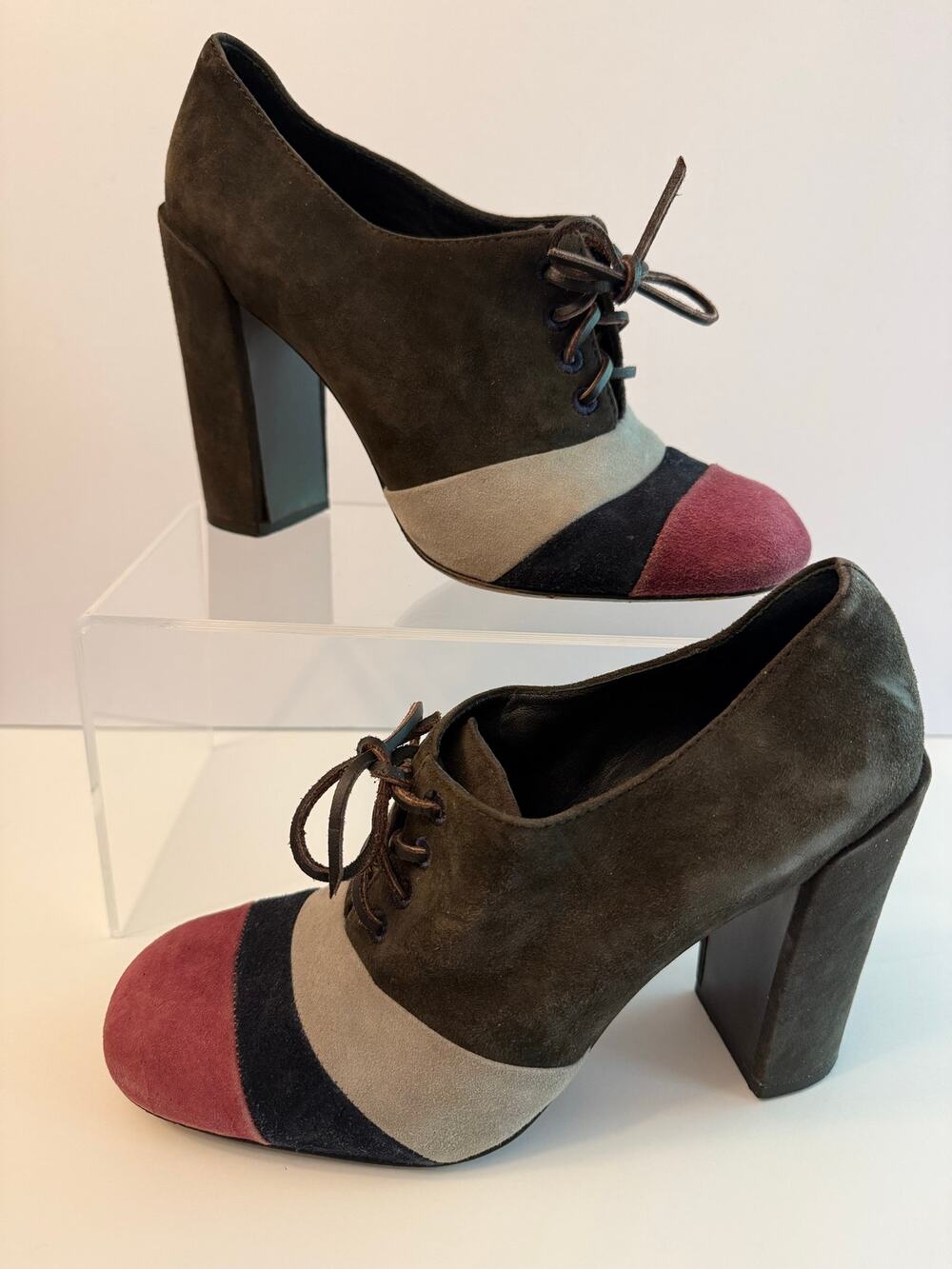Tory Burch Stella Oxford Pumps Size 8.5 Color Block Suede Chunky Heel Lace Up